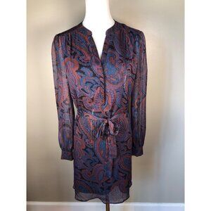 Molly Bracken Paisley-Print Sheer Long Sleeve Dress w/Tie Belt Blue & Brown Sz M